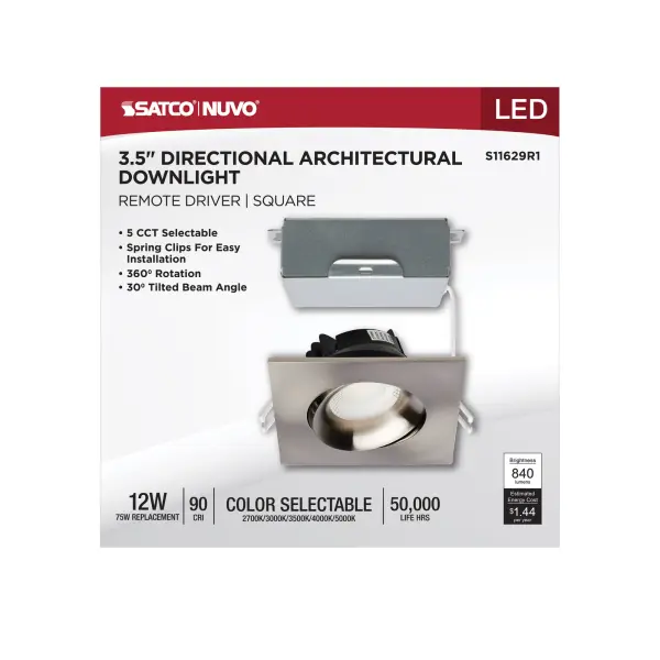 12 Watt LED Direct Wire Downlight - Gimbaled - 3.5 Inch - CCT Selectable - Square - Remote Driver - Brushed Nickel Finish - 840 Lumens - 120 Volt - Image 9
