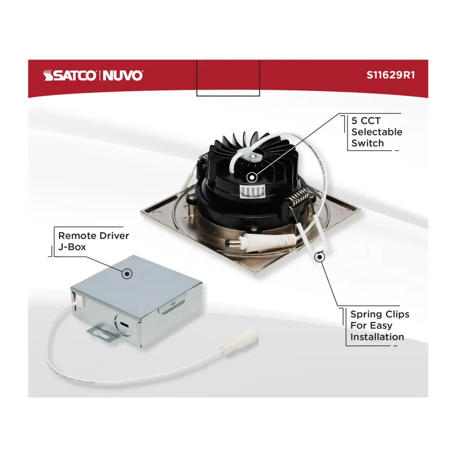 12 Watt LED Direct Wire Downlight - Gimbaled - 3.5 Inch - CCT Selectable - Square - Remote Driver - Brushed Nickel Finish - 840 Lumens - 120 Volt - Image 10