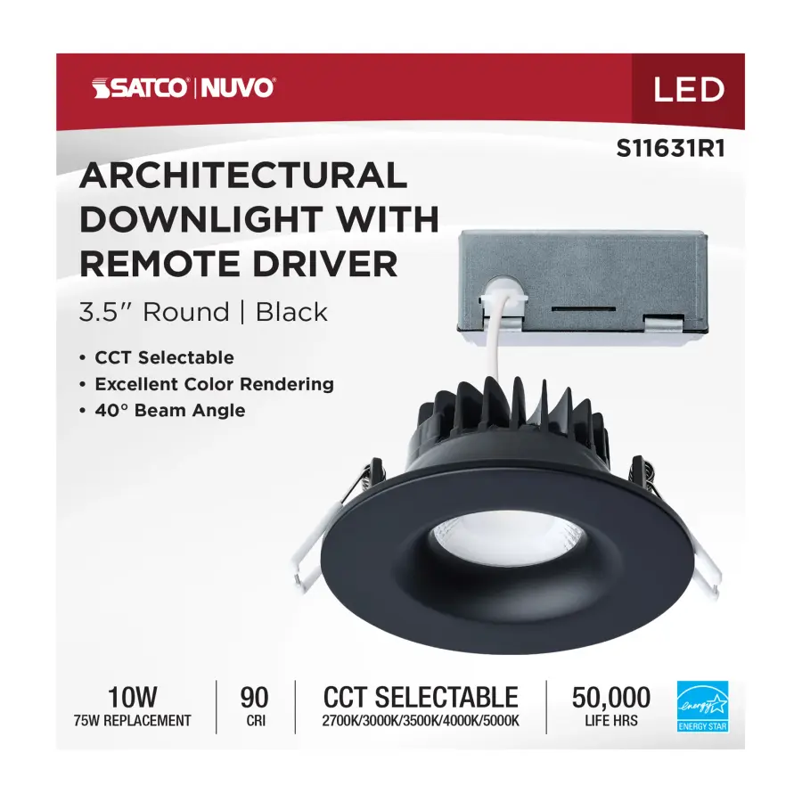 10 Watt LED Direct Wire Downlight - Remote Driver - CCT Selectable - Dimmable - Round - Black Finish - Image 10