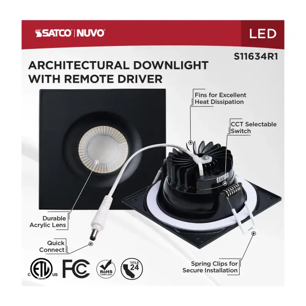 10 Watt LED Direct Wire Downlight - Remote Driver - CCT Selectable - Dimmable - Square - Black Finish - Image 11
