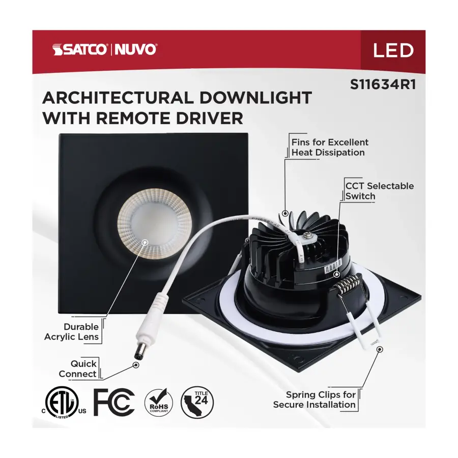 10 Watt LED Direct Wire Downlight - Remote Driver - CCT Selectable - Dimmable - Square - Black Finish - Image 11