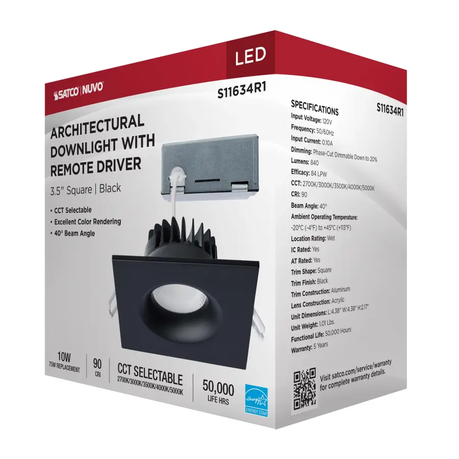 10 Watt LED Direct Wire Downlight - Remote Driver - CCT Selectable - Dimmable - Square - Black Finish - Image 14