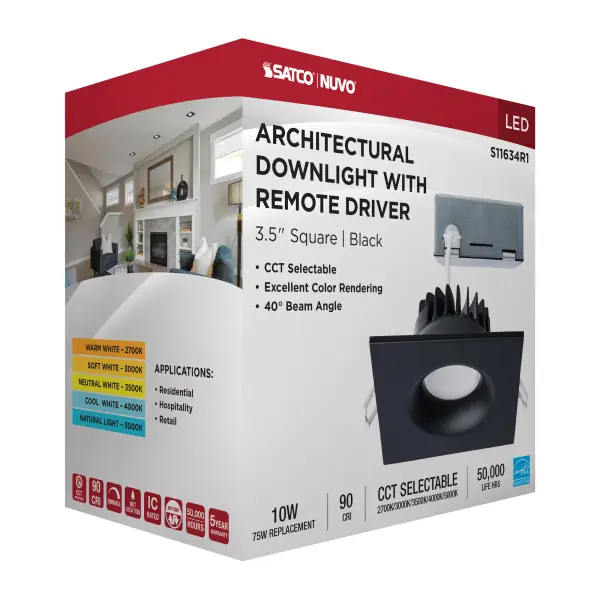 10 Watt LED Direct Wire Downlight - Remote Driver - CCT Selectable - Dimmable - Square - Black Finish - Image 15