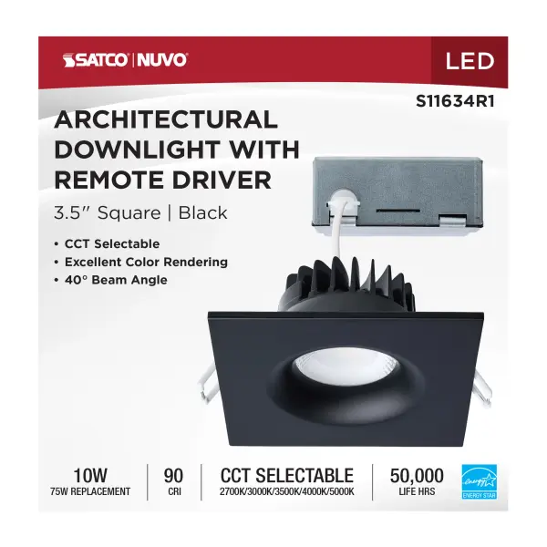 10 Watt LED Direct Wire Downlight - Remote Driver - CCT Selectable - Dimmable - Square - Black Finish - Image 10