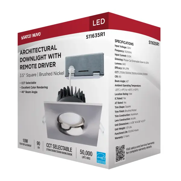 10 Watt LED Direct Wire Downlight - Remote Driver - CCT Selectable - Dimmable - Square - Brushed Nickel Finish - Image 14