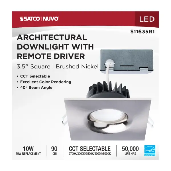 10 Watt LED Direct Wire Downlight - Remote Driver - CCT Selectable - Dimmable - Square - Brushed Nickel Finish - Image 10