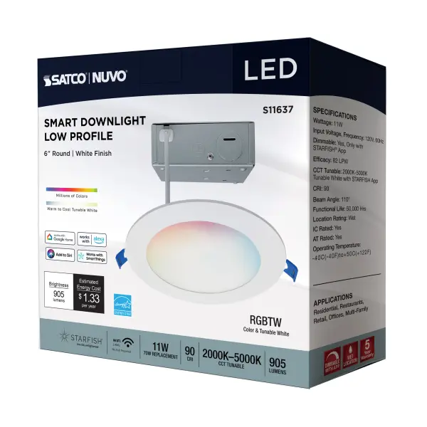 Starfish - 11 Watt LED Direct Wire Downlight - 6-Inch - Remote Driver - RGBTW - Round - White Finish - Image 12
