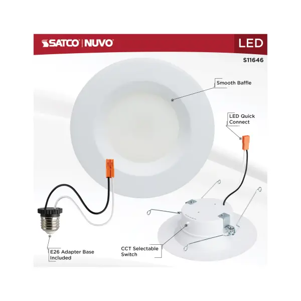 12.5 Watt LED High Lumen Downlight Retrofit - 5-6 Inch - 27K/30K/35K/40K/50K CCT Selectable - 120 Volts - Dimmable - White Finish - Image 11