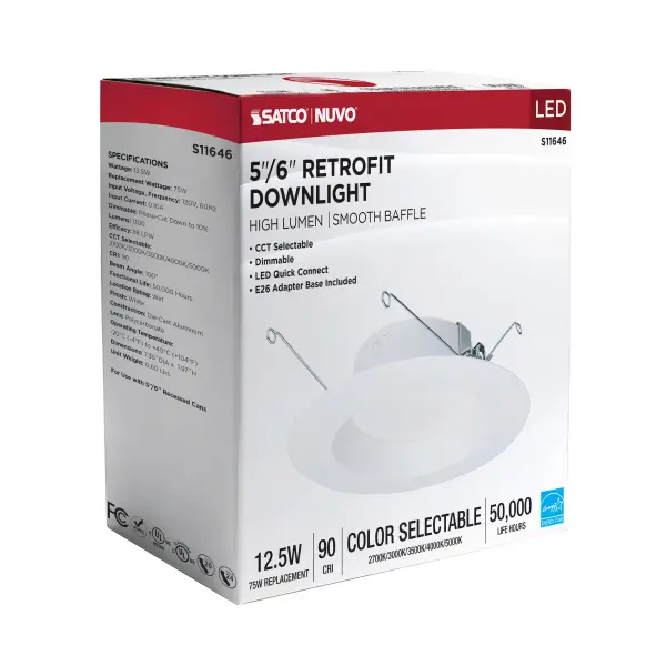 12.5 Watt LED High Lumen Downlight Retrofit - 5-6 Inch - 27K/30K/35K/40K/50K CCT Selectable - 120 Volts - Dimmable - White Finish - Image 14