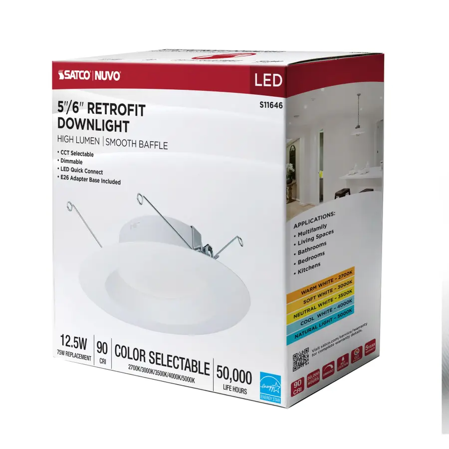 12.5 Watt LED High Lumen Downlight Retrofit - 5-6 Inch - 27K/30K/35K/40K/50K CCT Selectable - 120 Volts - Dimmable - White Finish - Image 15