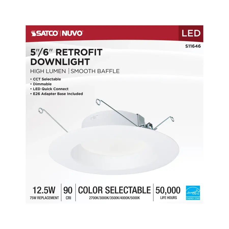 12.5 Watt LED High Lumen Downlight Retrofit - 5-6 Inch - 27K/30K/35K/40K/50K CCT Selectable - 120 Volts - Dimmable - White Finish - Image 10