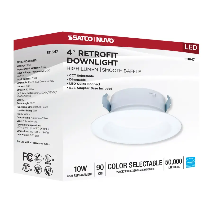10 Watt LED High Output Downlight Retrofit - 4 Inch - 27K/30K/35K/40K/50K CCT Selectable - Round - White Finish - Image 11