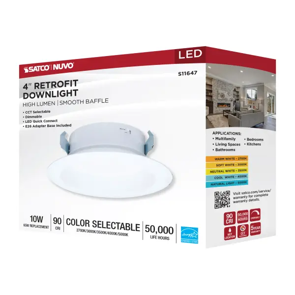 10 Watt LED High Output Downlight Retrofit - 4 Inch - 27K/30K/35K/40K/50K CCT Selectable - Round - White Finish - Image 12