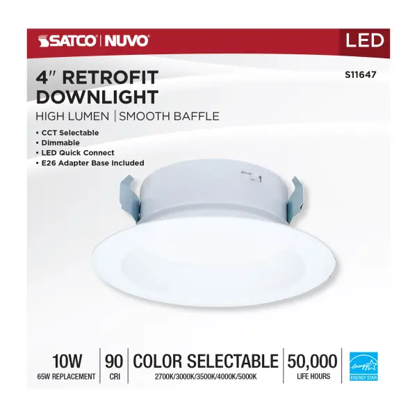 10 Watt LED High Output Downlight Retrofit - 4 Inch - 27K/30K/35K/40K/50K CCT Selectable - Round - White Finish - Image 7