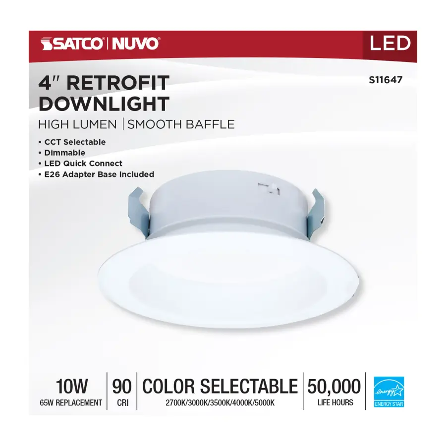 10 Watt LED High Output Downlight Retrofit - 4 Inch - 27K/30K/35K/40K/50K CCT Selectable - Round - White Finish - Image 7