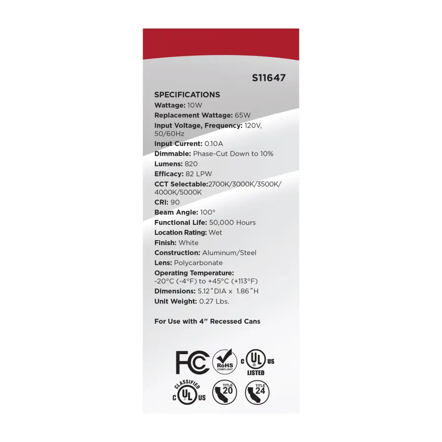 10 Watt LED High Output Downlight Retrofit - 4 Inch - 27K/30K/35K/40K/50K CCT Selectable - Round - White Finish - Image 10