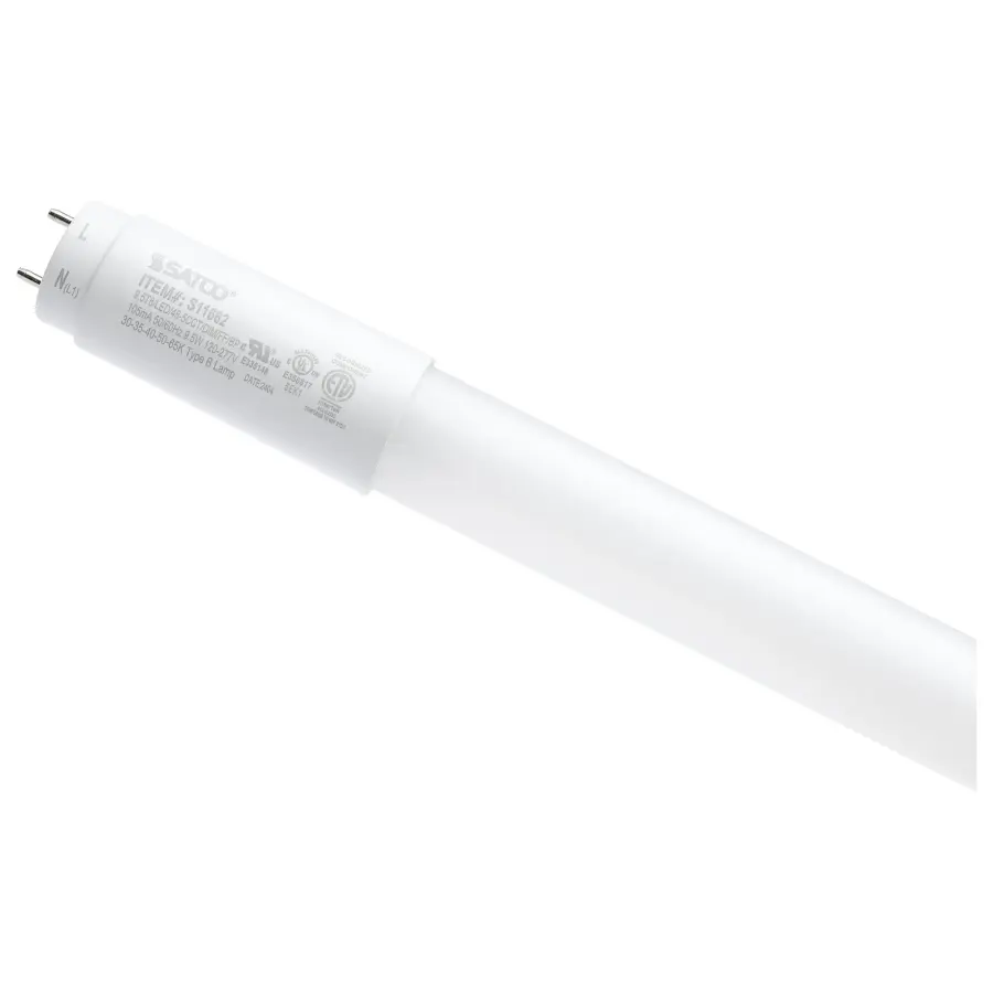 9.5 Watt T8 LED - 48 Inch - 30K/35K/40K/50K/65K CCT Selectable - Low Optical Flicker (less than 5%) - Medium Bi Pin Base - Type B Ballast Bypass - 120-277 Volt - Frost Finish - Image 1