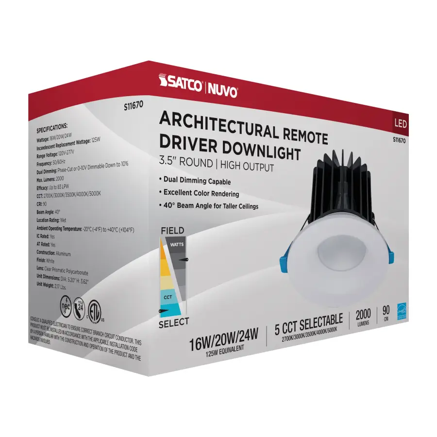 16/20/24 Watt LED Remote Driver Downlight - 27K/30K/35K/40K/50K CCT - Field Selectable - Round - White Finish - Dual Dimming - 120-277 Volt - Image 15
