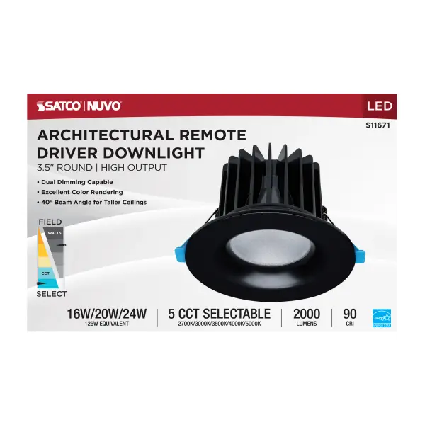 16/20/24 Watt LED Remote Driver Downlight - 27K/30K/35K/40K/50K CCT - Field Selectable - Round - Black Finish - Dual Dimming - 120-277 Volt - Image 10