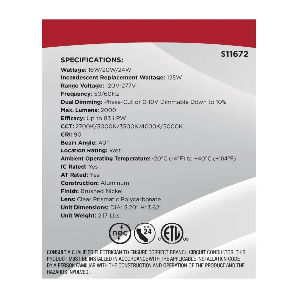 16/20/24 Watt LED Remote Driver Downlight - 27K/30K/35K/40K/50K CCT - Field Selectable - Round - Brushed Nickel Finish - Dual Dimming - 120-277 Volt - Image 13