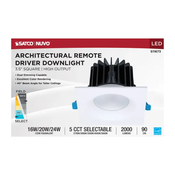16/20/24 Watt LED Remote Driver Downlight - 27K/30K/35K/40K/50K CCT - Field Selectable - Square - White Finish - Dual Dimming - 120-277 Volt - Image 10