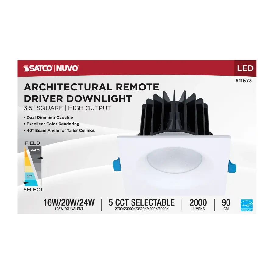 16/20/24 Watt LED Remote Driver Downlight - 27K/30K/35K/40K/50K CCT - Field Selectable - Square - White Finish - Dual Dimming - 120-277 Volt - Image 10