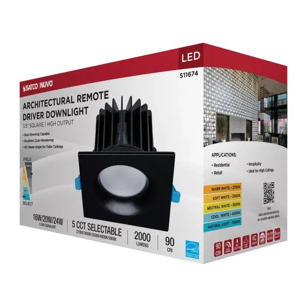 16/20/24 Watt LED Remote Driver Downlight - 27K/30K/35K/40K/50K CCT - Field Selectable - Square - Black Finish - Dual Dimming - 120-277 Volt - Image 14