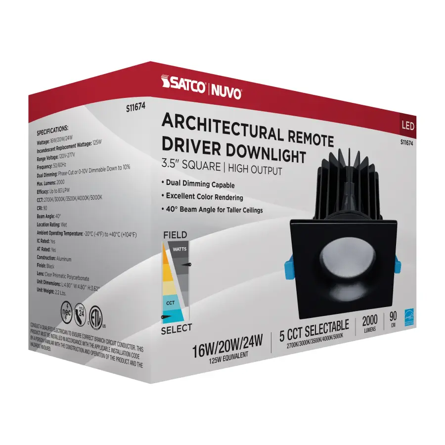 16/20/24 Watt LED Remote Driver Downlight - 27K/30K/35K/40K/50K CCT - Field Selectable - Square - Black Finish - Dual Dimming - 120-277 Volt - Image 15
