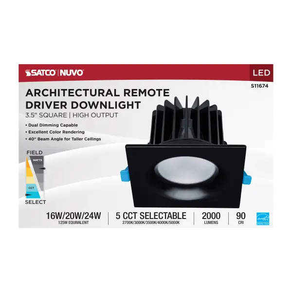 16/20/24 Watt LED Remote Driver Downlight - 27K/30K/35K/40K/50K CCT - Field Selectable - Square - Black Finish - Dual Dimming - 120-277 Volt - Image 10