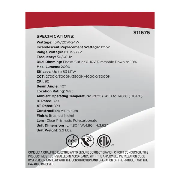 16/20/24 Watt LED Remote Driver Downlight - 27K/30K/35K/40K/50K CCT - Field Selectable - Square - Brushed Nickel Finish - Dual Dimming - 120-277 Volt - Image 13