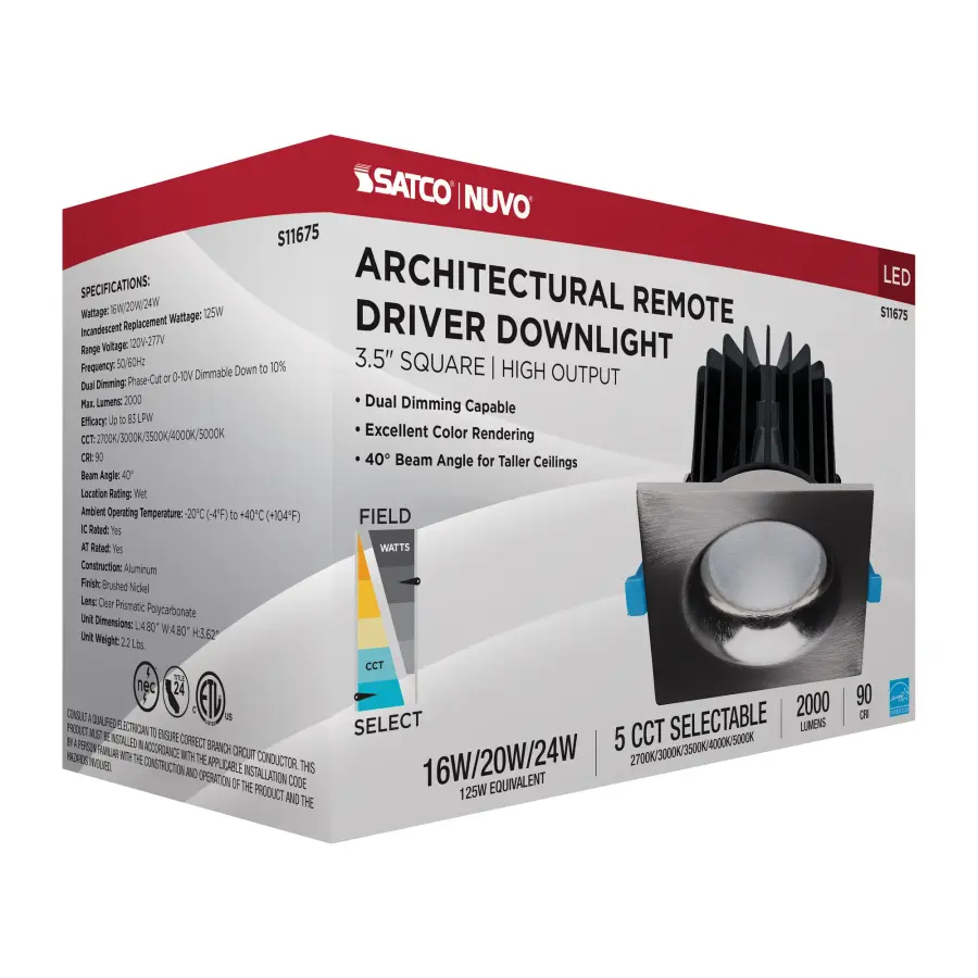 16/20/24 Watt LED Remote Driver Downlight - 27K/30K/35K/40K/50K CCT - Field Selectable - Square - Brushed Nickel Finish - Dual Dimming - 120-277 Volt - Image 15