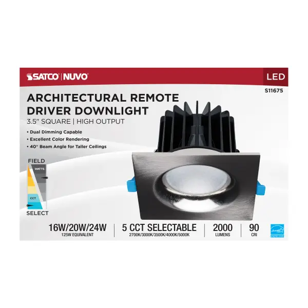 16/20/24 Watt LED Remote Driver Downlight - 27K/30K/35K/40K/50K CCT - Field Selectable - Square - Brushed Nickel Finish - Dual Dimming - 120-277 Volt - Image 10