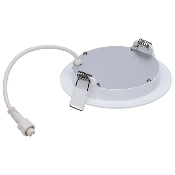 SATCO NUVO's Performer Series LED Slimfit Downlights deliver versatile, high-performance lighting in a sleek, low-profile design. Available in 4-inch and 6-inch round sizes, in both black and white finishes, these downlights feature a flat lens design, adjustable spring clips, and an innovative remote driver J-box for easy installation. The non-conductive dead front trim ensures safe operation in wet environments, making them ideal for showers, bathrooms, and other damp areas. They are also NEC compliant for closet installations, ensuring safe and reliable performance in smaller spaces. With IC and Airtight ratings, 5 CCT selectable color options, a 90 CRI for vibrant illumination, and a 50,000-hour lifespan backed by a 5-year warranty, these downlights provide safe, efficient, and adaptable lighting for any space. - alternate view