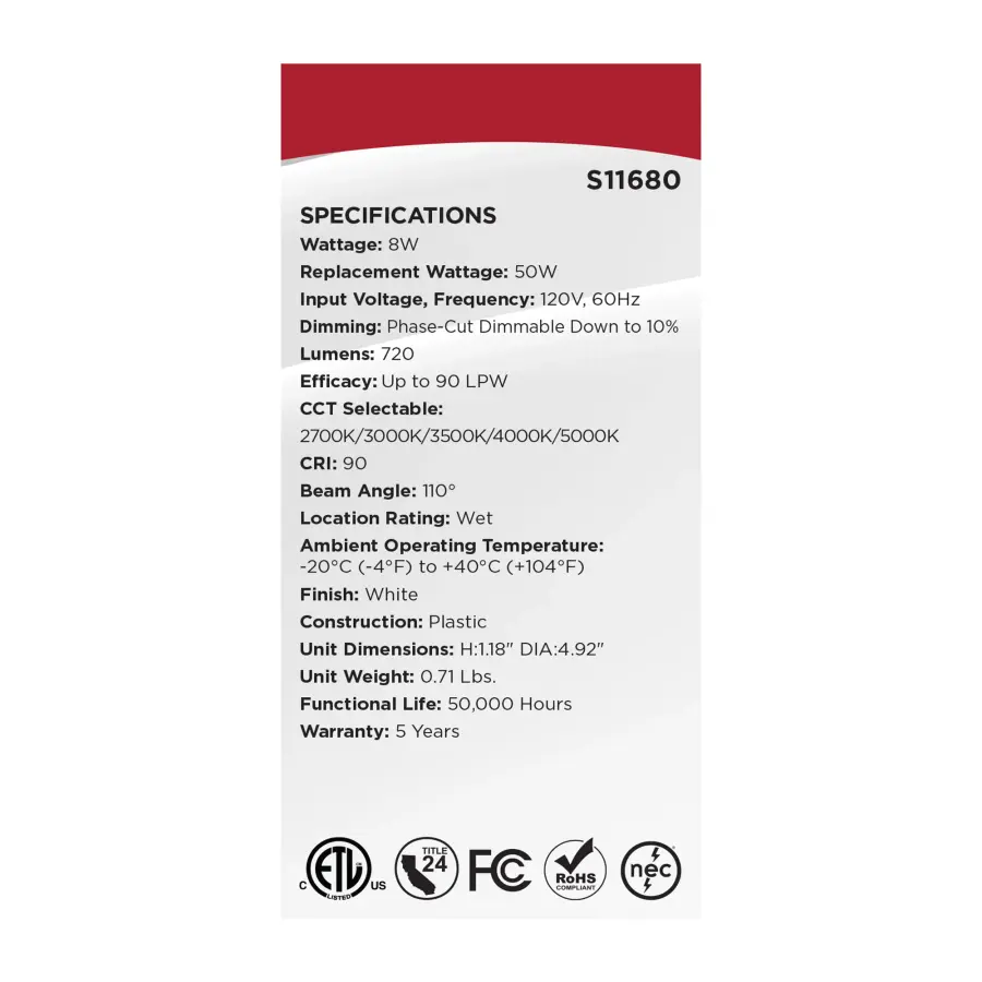 8 Watt LED Direct Wire Performer Series Downlight - Remote Driver - 4 Inch - 27K/3K/35K/4K/5K CCT Selectable - Round - Flat Face - White Finish - Image 13
