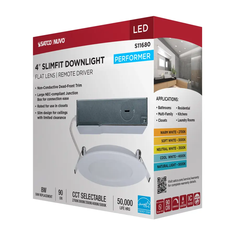 8 Watt LED Direct Wire Performer Series Downlight - Remote Driver - 4 Inch - 27K/3K/35K/4K/5K CCT Selectable - Round - Flat Face - White Finish - Image 14