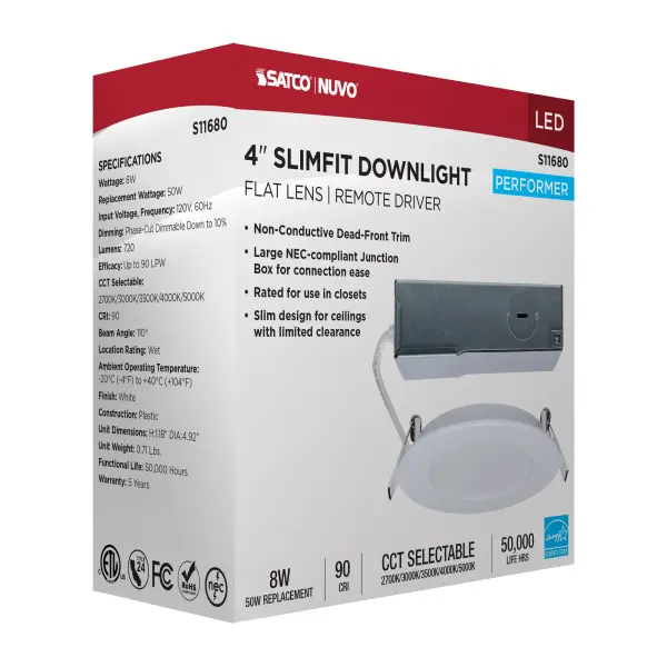 8 Watt LED Direct Wire Performer Series Downlight - Remote Driver - 4 Inch - 27K/3K/35K/4K/5K CCT Selectable - Round - Flat Face - White Finish - Image 15