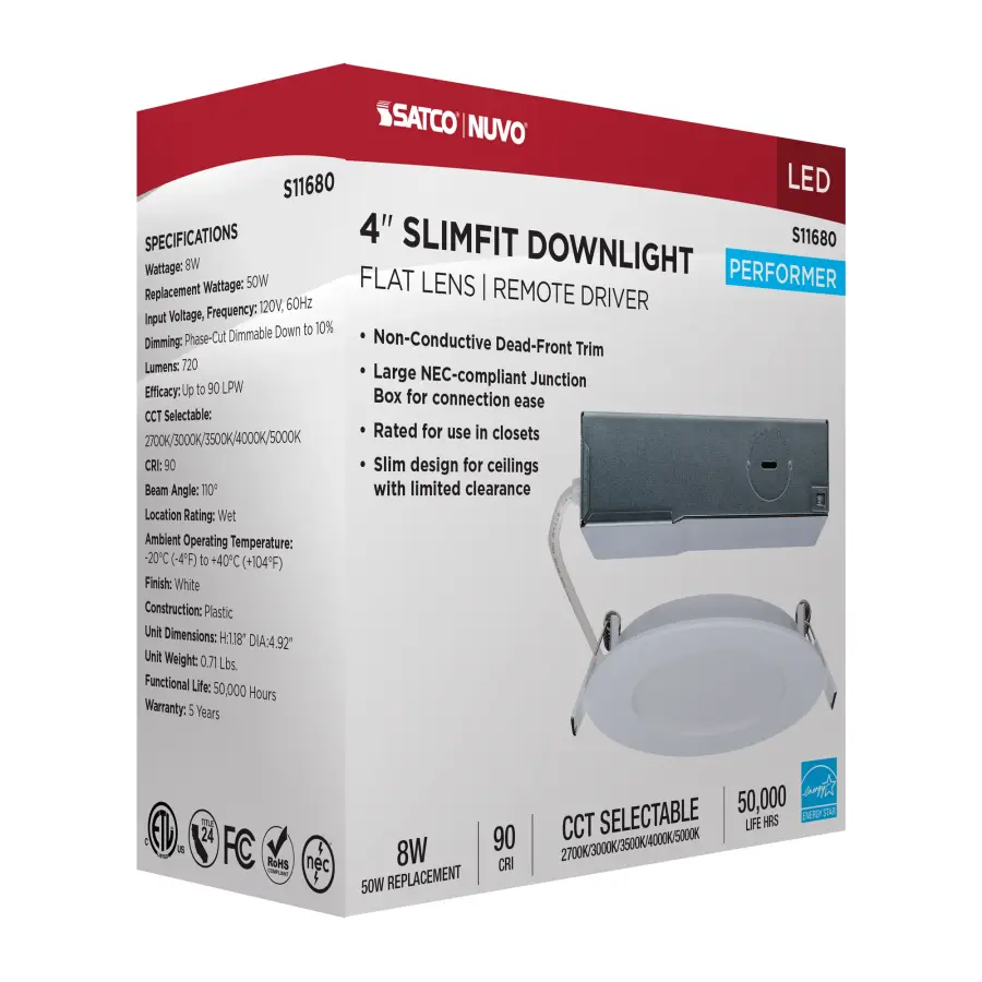 8 Watt LED Direct Wire Performer Series Downlight - Remote Driver - 4 Inch - 27K/3K/35K/4K/5K CCT Selectable - Round - Flat Face - White Finish - Image 15