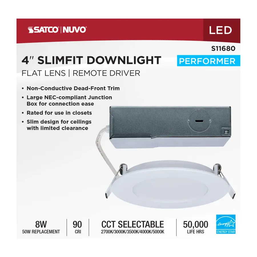 8 Watt LED Direct Wire Performer Series Downlight - Remote Driver - 4 Inch - 27K/3K/35K/4K/5K CCT Selectable - Round - Flat Face - White Finish - Image 10