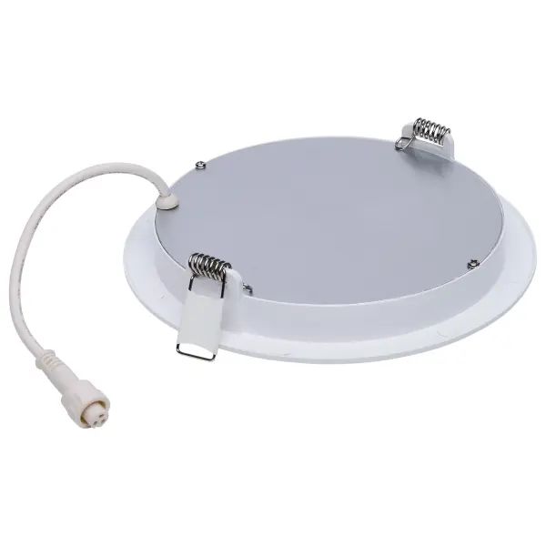 SATCO NUVO's Performer Series LED Slimfit Downlights deliver versatile, high-performance lighting in a sleek, low-profile design. Available in 4-inch and 6-inch round sizes, in both black and white finishes, these downlights feature a flat lens design, adjustable spring clips, and an innovative remote driver J-box for easy installation. The non-conductive dead front trim ensures safe operation in wet environments, making them ideal for showers, bathrooms, and other damp areas. They are also NEC compliant for closet installations, ensuring safe and reliable performance in smaller spaces. With IC and Airtight ratings, 5 CCT selectable color options, a 90 CRI for vibrant illumination, and a 50,000-hour lifespan backed by a 5-year warranty, these downlights provide safe, efficient, and adaptable lighting for any space. - alternate view
