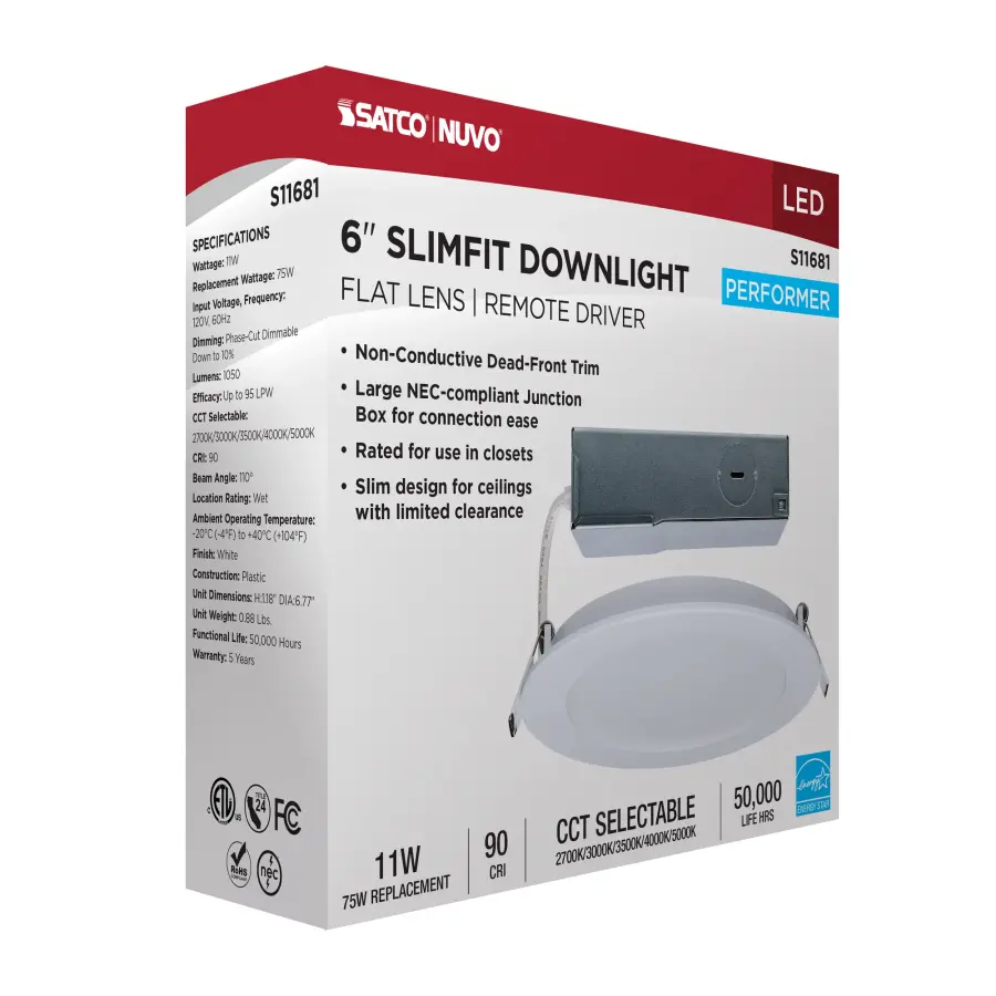11 Watt LED Direct Wire Performer Series Downlight - Remote Driver - 6 Inch - 27K/3K/35K/4K/5K CCT Selectable - Round - Flat Face - White Finish - Image 15