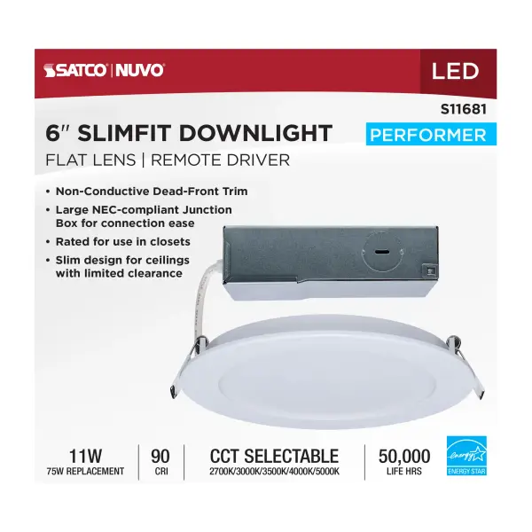 11 Watt LED Direct Wire Performer Series Downlight - Remote Driver - 6 Inch - 27K/3K/35K/4K/5K CCT Selectable - Round - Flat Face - White Finish - Image 10