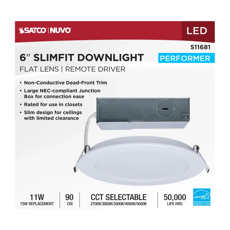 11 Watt LED Direct Wire Performer Series Downlight - Remote Driver - 6 Inch - 27K/3K/35K/4K/5K CCT Selectable - Round - Flat Face - White Finish - Image 10
