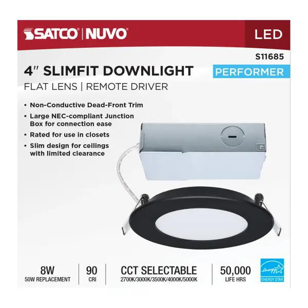 8 Watt LED Direct Wire Performer Series Downlight - Remote Driver - 4 Inch - 27K/3K/35K/4K/5K CCT Selectable - Round - Flat Face - Black Finish - Image 11