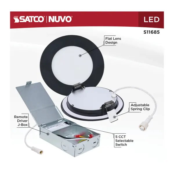 8 Watt LED Direct Wire Performer Series Downlight - Remote Driver - 4 Inch - 27K/3K/35K/4K/5K CCT Selectable - Round - Flat Face - Black Finish - Image 12