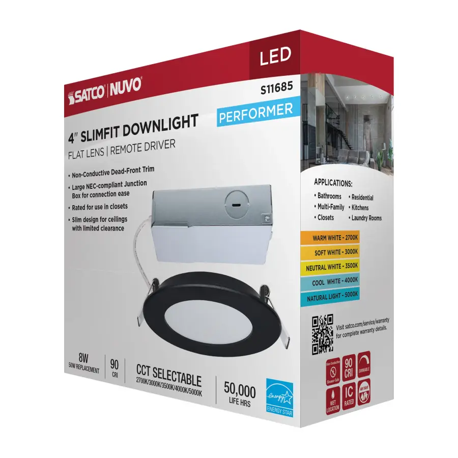 8 Watt LED Direct Wire Performer Series Downlight - Remote Driver - 4 Inch - 27K/3K/35K/4K/5K CCT Selectable - Round - Flat Face - Black Finish - Image 15
