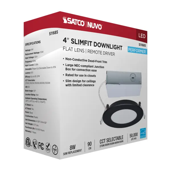 8 Watt LED Direct Wire Performer Series Downlight - Remote Driver - 4 Inch - 27K/3K/35K/4K/5K CCT Selectable - Round - Flat Face - Black Finish - Image 16