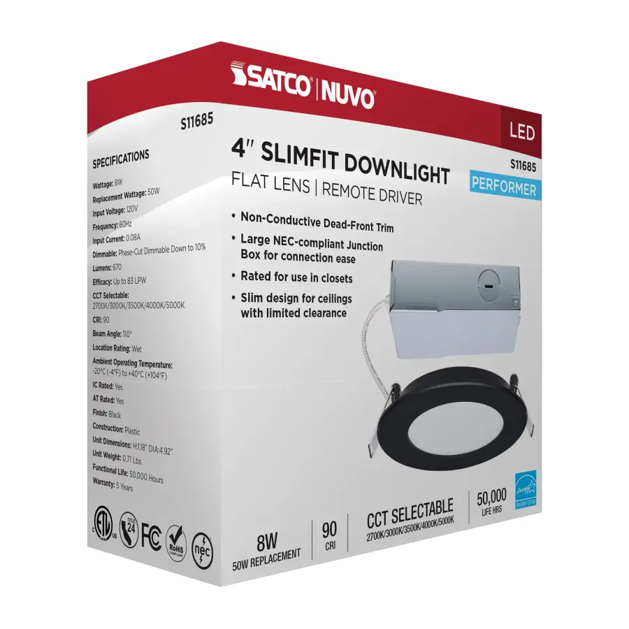 8 Watt LED Direct Wire Performer Series Downlight - Remote Driver - 4 Inch - 27K/3K/35K/4K/5K CCT Selectable - Round - Flat Face - Black Finish - Image 16