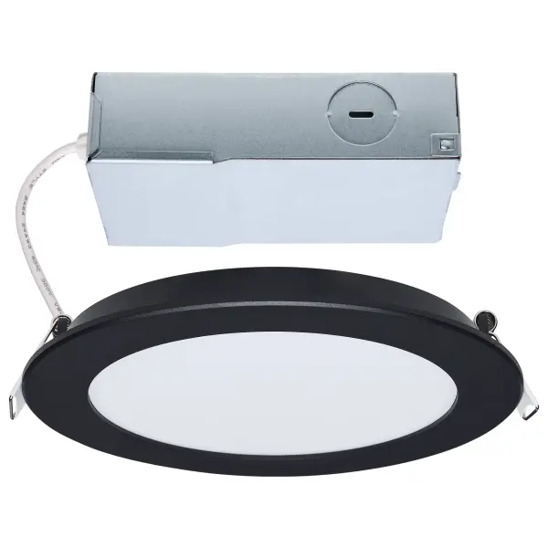 SATCO NUVO's Performer Series LED Slimfit Downlights deliver versatile, high-performance lighting in a sleek, low-profile design. Available in 4-inch and 6-inch round sizes, in both black and white finishes, these downlights feature a flat lens design, adjustable spring clips, and an innovative remote driver J-box for easy installation. The non-conductive dead front trim ensures safe operation in wet environments, making them ideal for showers, bathrooms, and other damp areas. They are also NEC compliant for closet installations, ensuring safe and reliable performance in smaller spaces. With IC and Airtight ratings, 5 CCT selectable color options, a 90 CRI for vibrant illumination, and a 50,000-hour lifespan backed by a 5-year warranty, these downlights provide safe, efficient, and adaptable lighting for any space.