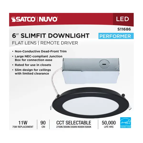 11 Watt LED Direct Wire Performer Series Downlight - Remote Driver - 6 Inch - 27K/3K/35K/4K/5K CCT Selectable - Round - Flat Face - Black Finish - Image 11