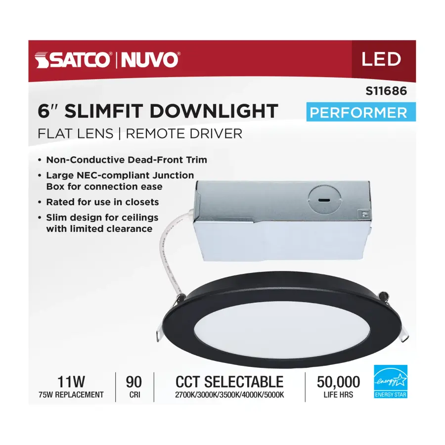 11 Watt LED Direct Wire Performer Series Downlight - Remote Driver - 6 Inch - 27K/3K/35K/4K/5K CCT Selectable - Round - Flat Face - Black Finish - Image 11